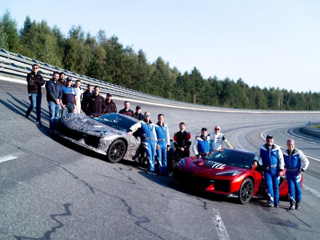 Members of the Corvette team, including General Motors President Mark Reuss on the track in Papenburg, Germany. Preproduction models shown. Actual production model may vary.